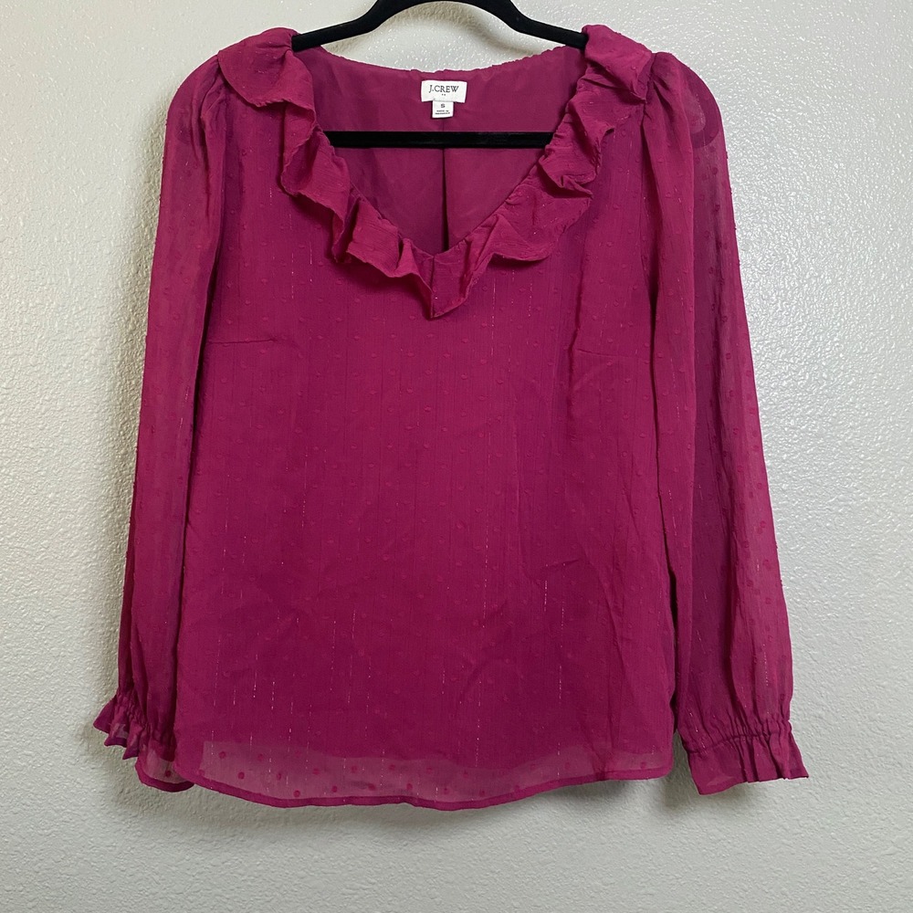 J. Crew Factory Fuchsia Shimmery Polka Dot Ruffle Blouse Small Going Out Casual